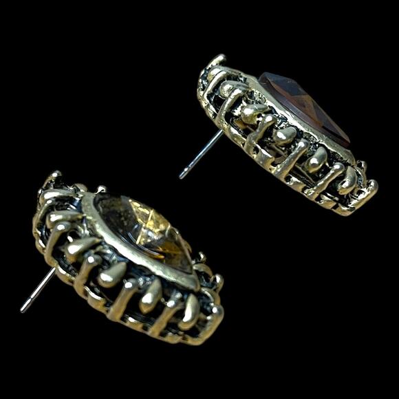 Vintage Amber Glass Marquise Stone Brass Tone Post Earrings - Picture 15 of 16